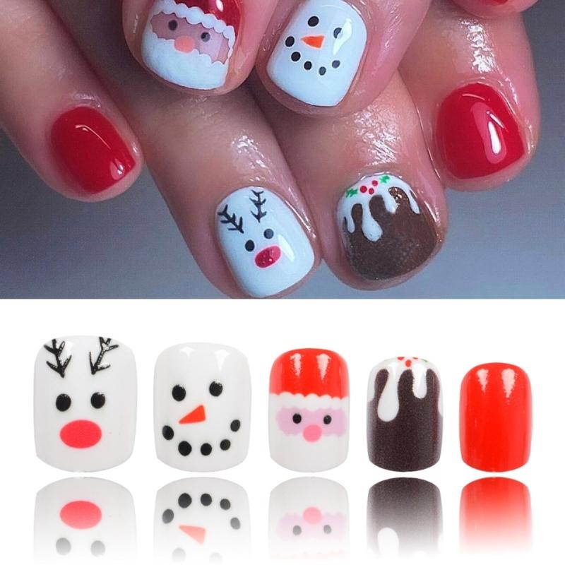 Christmas Press On Nail Snowman False Nail Santa Claus Acrylic Nail Lovely Elk Full Cover Stick on Nail for Woman