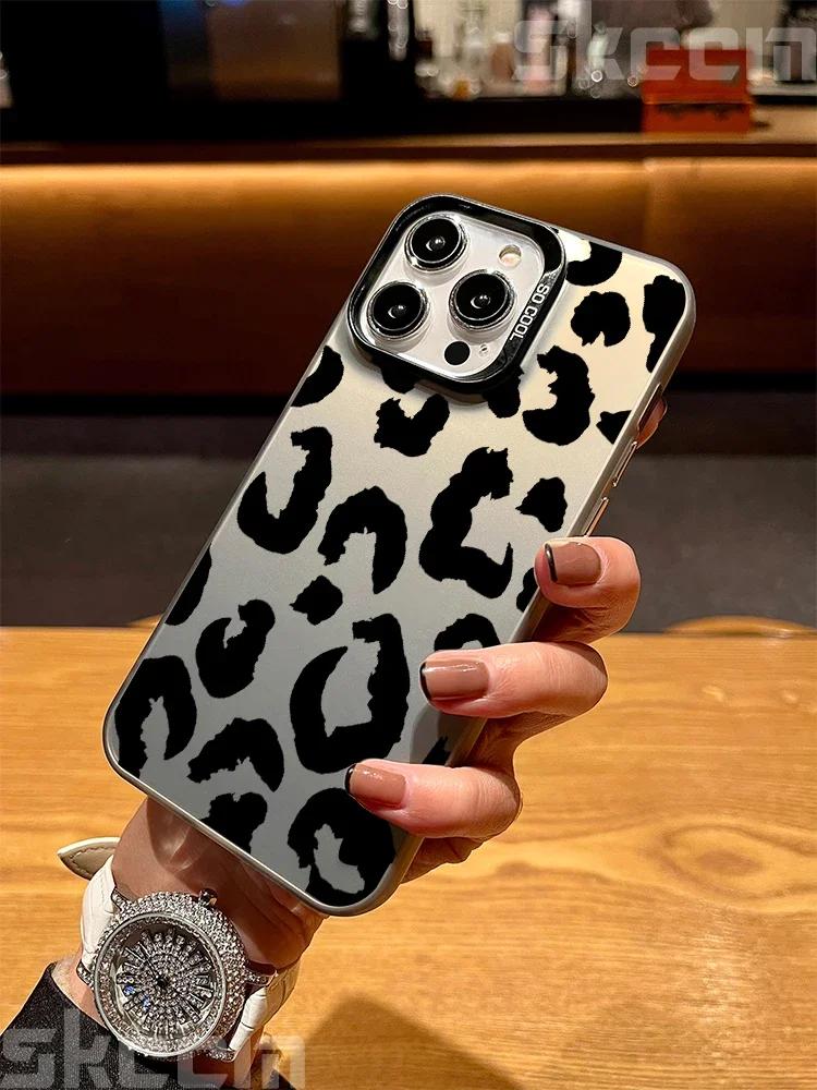 Leopard Print Art Electroplate Silver IMD Phone Case For iPhone 15 Pro Max 16 14 13 12 11 7 8 Plus X XS XR Shockproof Hard Cover