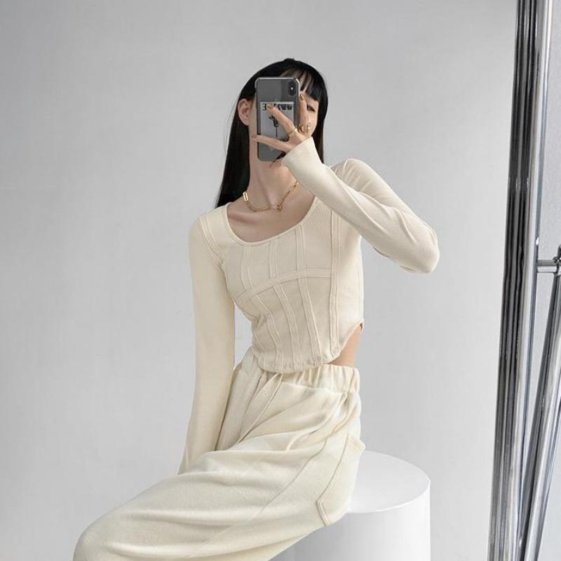 2KWEIRD Y2k T-shirt Girls Crop Tops Spring Women Long Sleeve O Neck Cotton Shirts Bustier Harajuku Pullover Streetwear All-match T-shirt