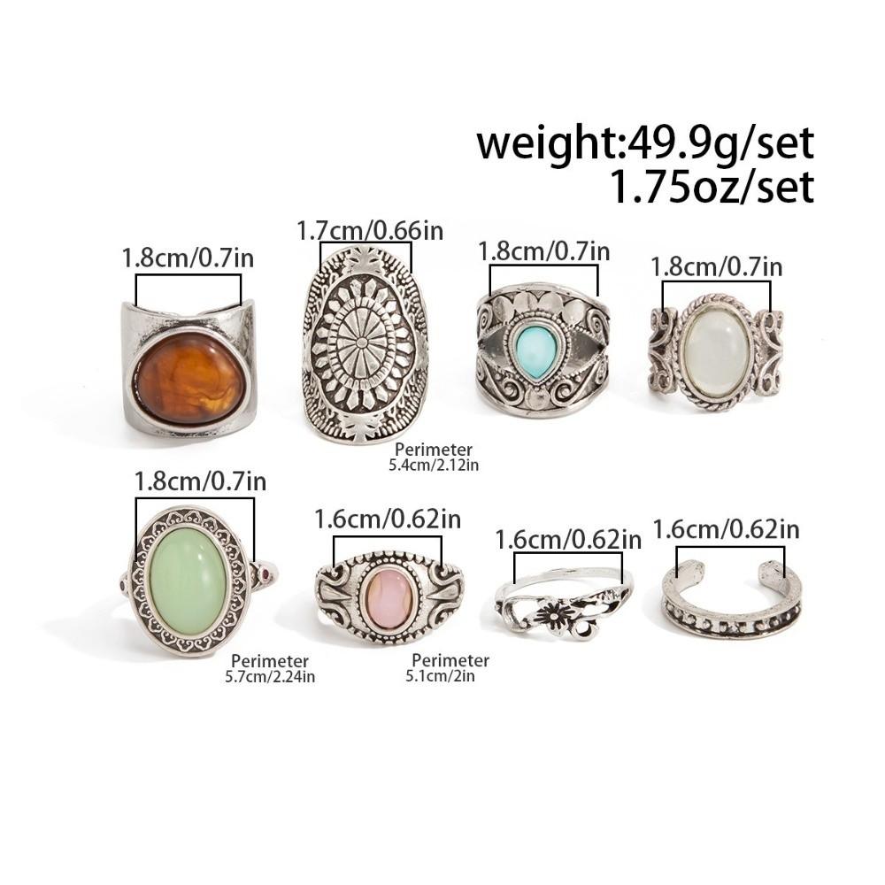 8Pcs/Set Carved Wide Band Stackable Rings Antique Silver Tone Carved Pattern Rings  Daily Match