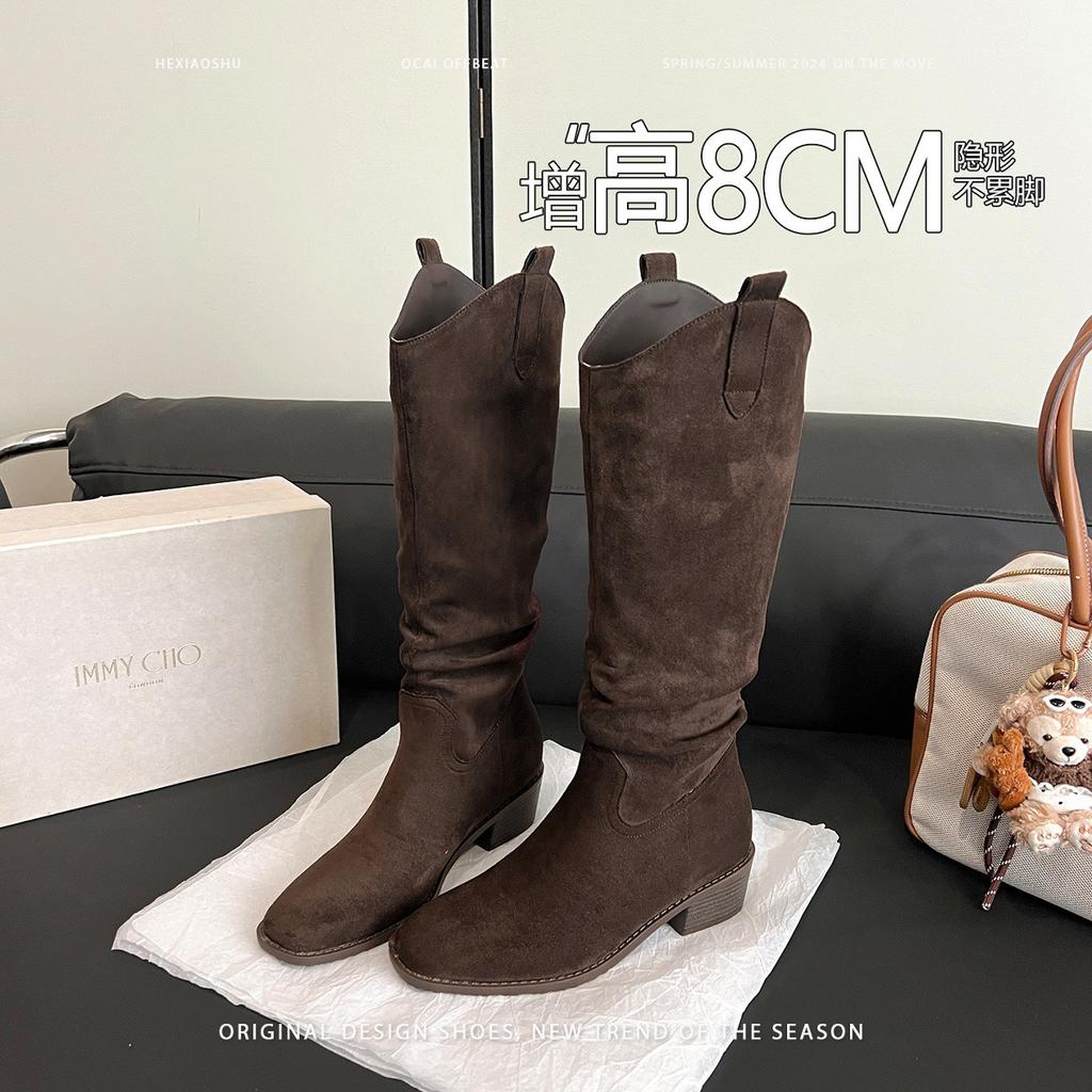 Cowhide Version~ Inner Height Increase V-mouth Knight Boots Women's Retro Big Tube Circumference Thin Long Boots Thick Heel High Tube Boots Stackin