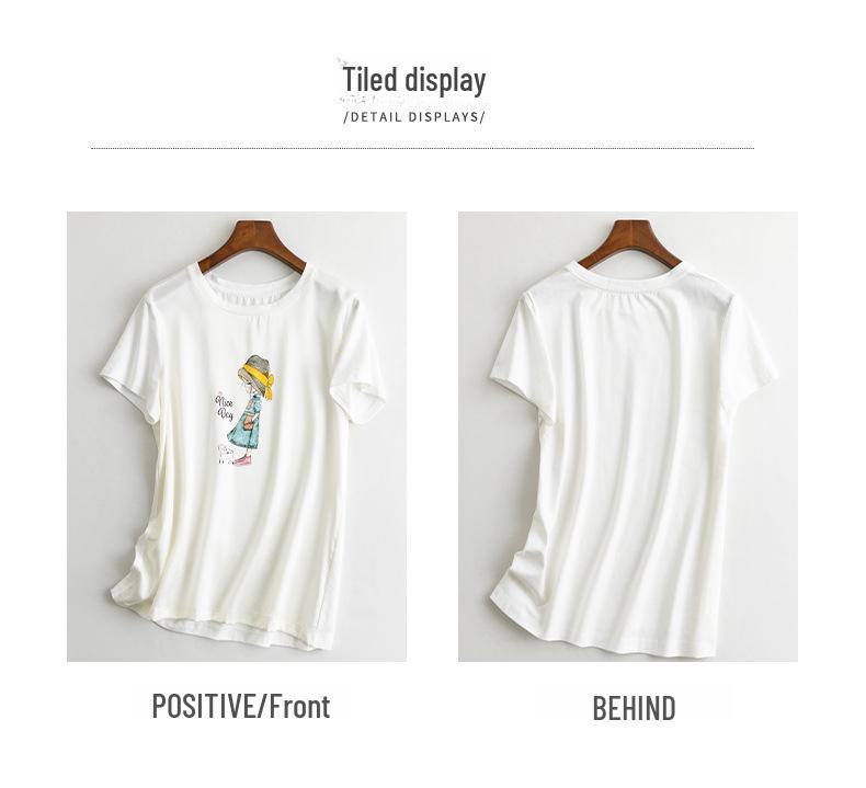 Women's White Silk-Cotton Splicing T-Shirt: 2025 Summer Loose-Fit Korean Style with Mulberry Silk and Short Sleeves, Printed Design.