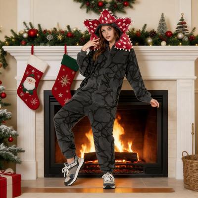 Winter Unisex Carnivorous Flower Onesie Pajamas Flannel One Piece Sleepwear Long Sleeve Hooded Christmas