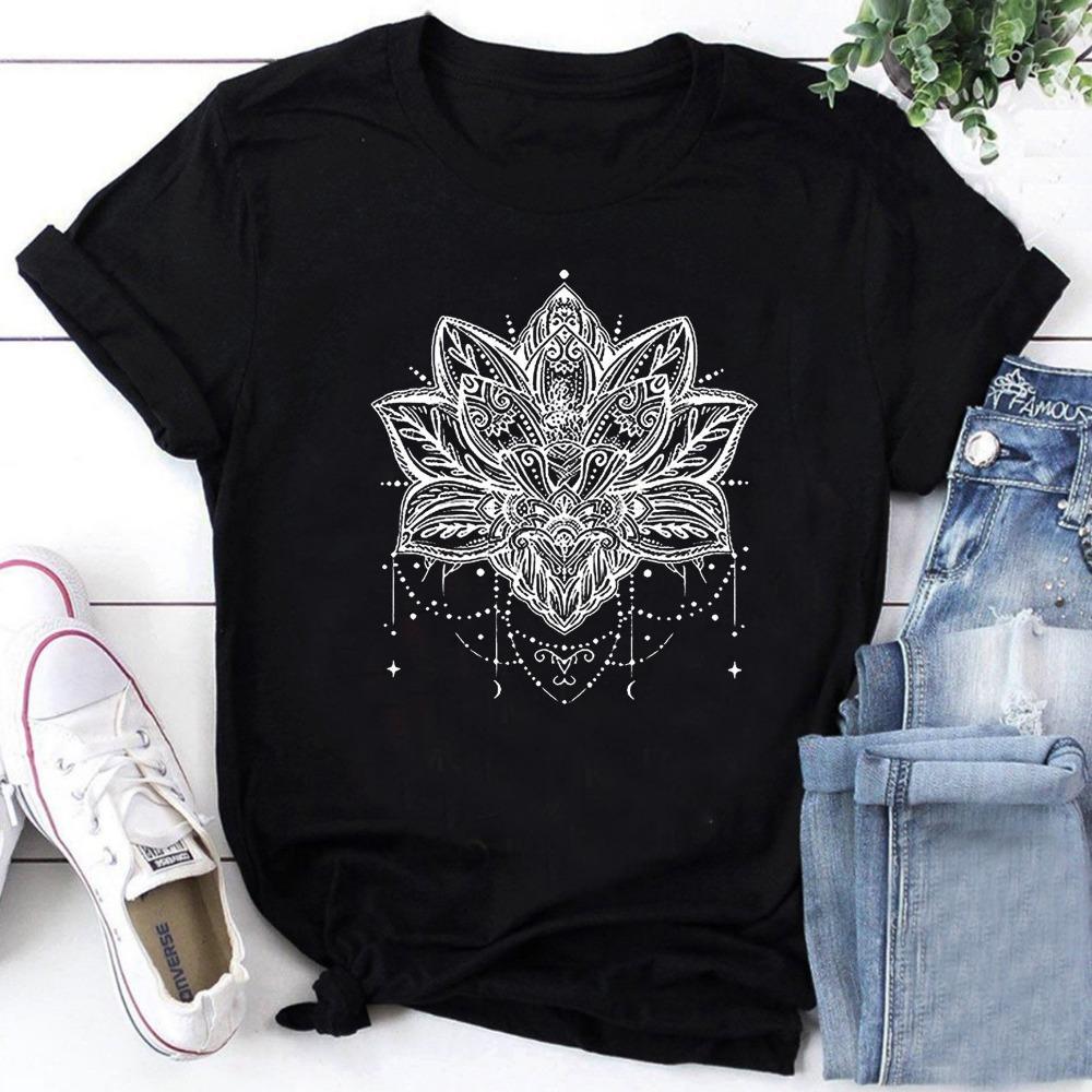 Plus Size Casual T-shirt, Women s Plus Mandala Print Short Sleeve Round Neck Slight Stretch T-shirt S