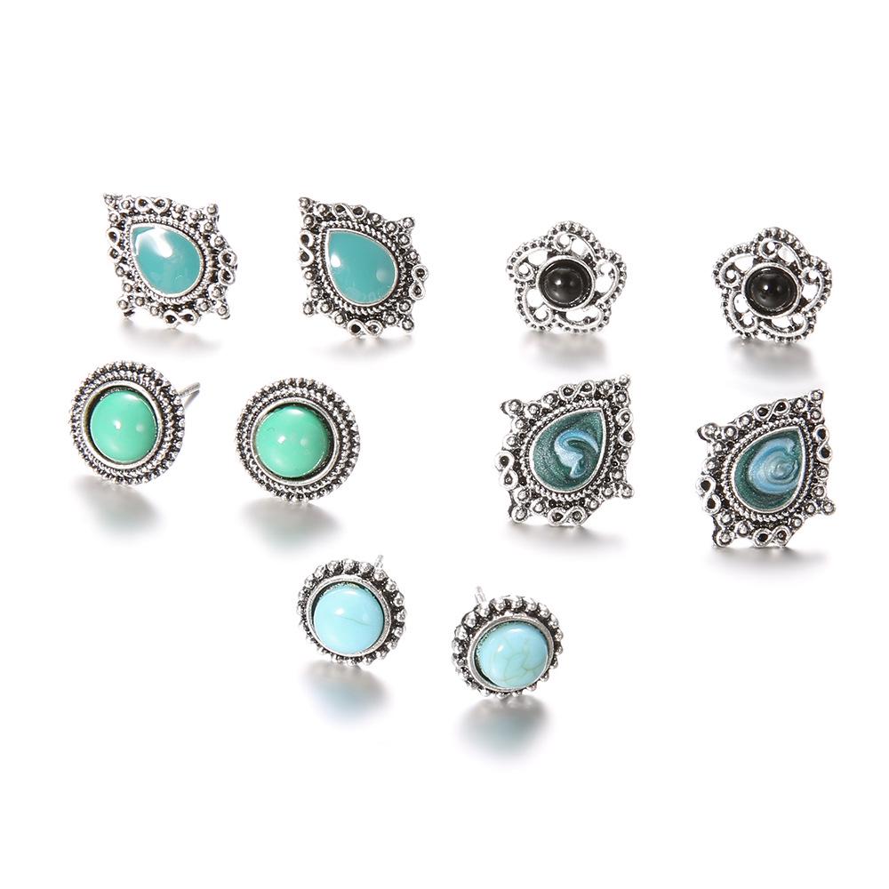 New Trends 5 Pairs Of Jewelry Dazzling Turquoise Gemstones Bohemian Earrings Stud Earrings