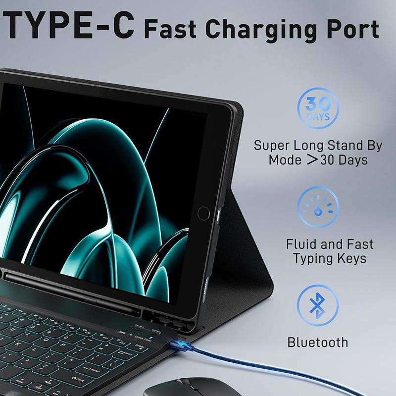 iPad Pro 11" (2018-2022) Backlit Bluetooth Keyboard & Protective Leather Case with Mouse