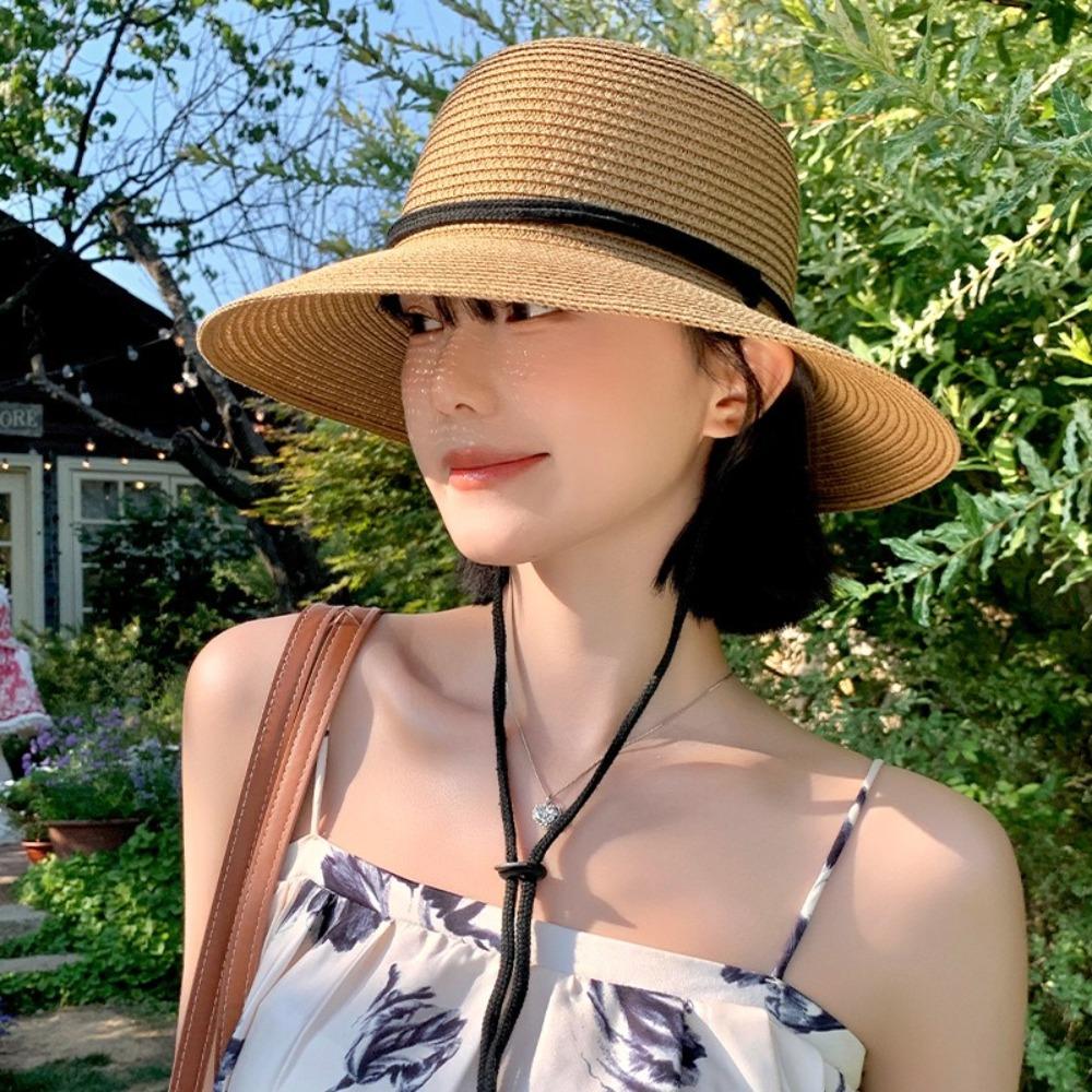 Foldable Straw Bucket Hat Wide Brim Visor Cap Vintage Women's Straw Hat  Men Women