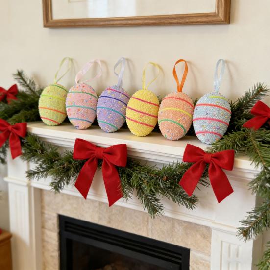 6Pcs Easter Eggs with Hanging String Foam Hanging Ornaments Striped Colorful Decoration for Easter