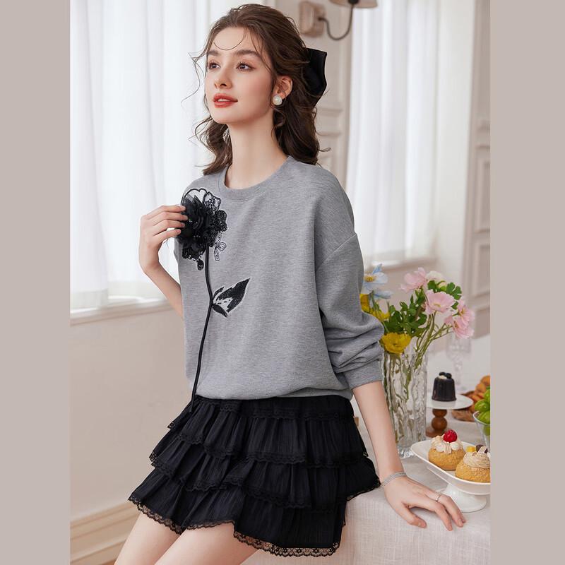 Bailuyu Women's 3D Floral Embellished Contrast Sweatshirt