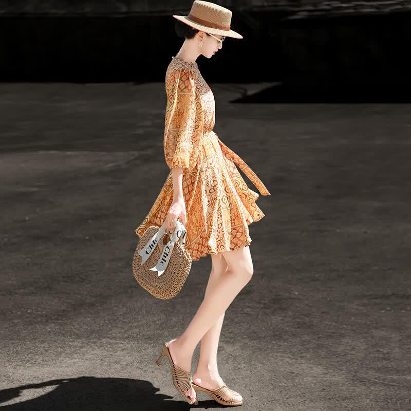 Lanseer Elegant Chiffon Printed Waist-Tie Short Dress