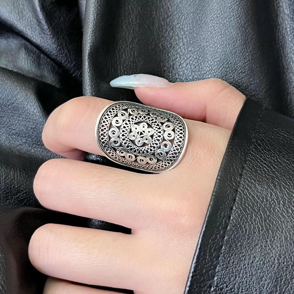 Ethnic Floral Pattern Adjustable Open Ring - Women's Retro Fashion Statement Index Finger Ring