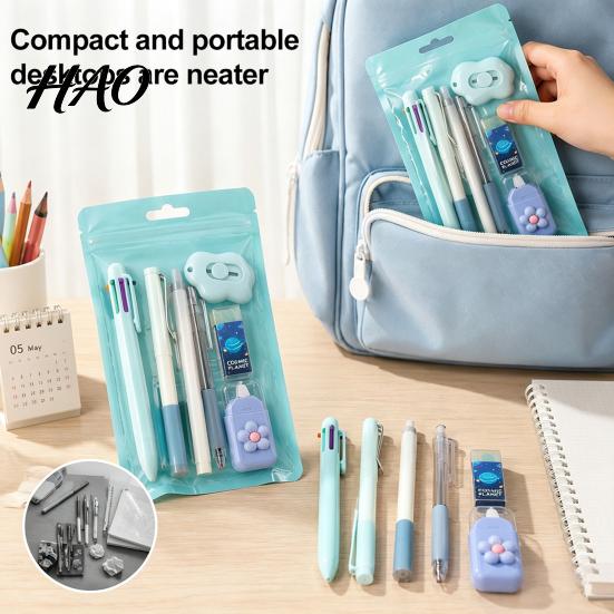 Portable Storage Stationery Case 7PCS Set, Macaron Color Gel Pens/Correction Tape/Cutter/Eraser Include, Learning Supplies Office Records with