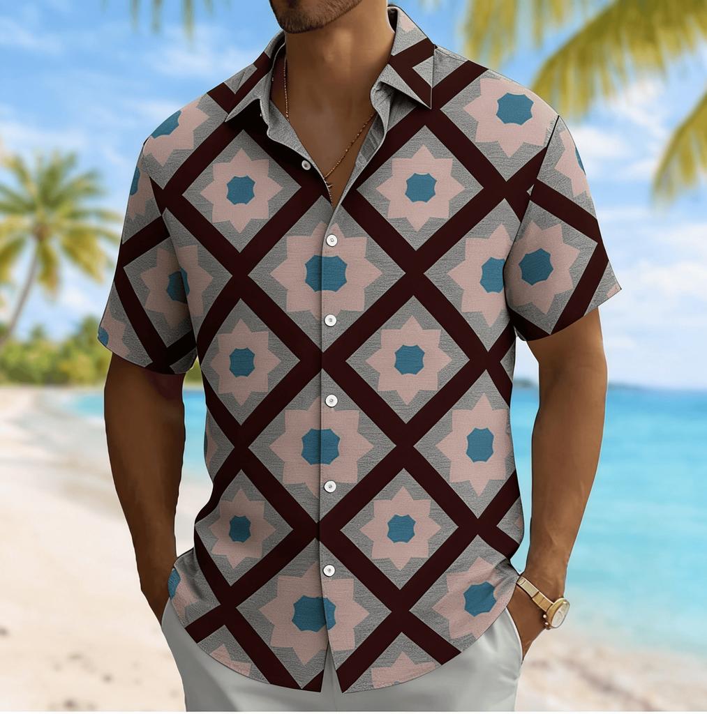 Men's Diamond Plaid Floral Print Short Sleeve Shirt, Spring Summer Casual Vacation Turn-Down Collar Blouse, Loose Fit Top
