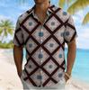 Men's Diamond Plaid Floral Print Short Sleeve Shirt, Spring Summer Casual Vacation Turn-Down Collar Blouse, Loose Fit Top