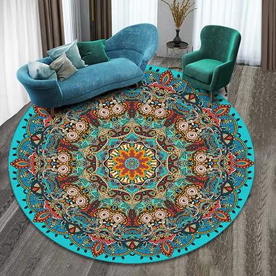 Tapis de Zone Lavable Rond Bleu Sarcelle Boho Chambre Tapis Oriental Antidérapant Tapis de Jet Basse Pile Intérieur Tapis de Sol pour Salle à Manger Salon Foyer Décor