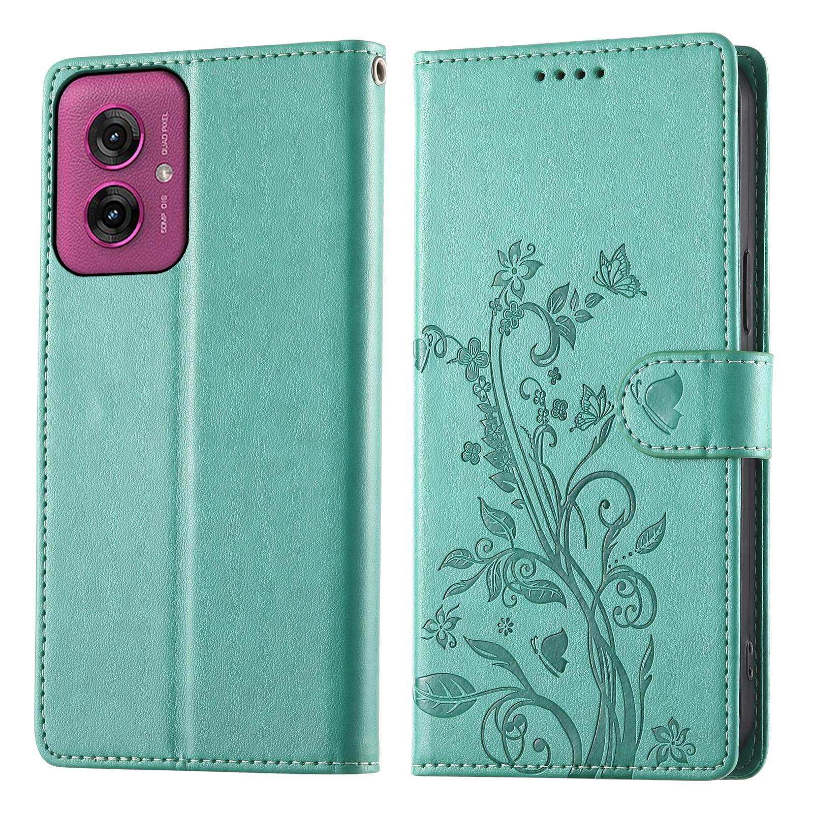

For Motorola Moto G55 5G Wallet Case Butterfly Floral Imprint PU Leather Phone Cover with Wrist Strap Green