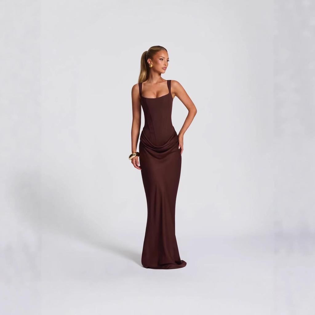 TK Women's 2026 Spring Slim Strappy Maxi Dress – Solid Color Hip-hugging Style