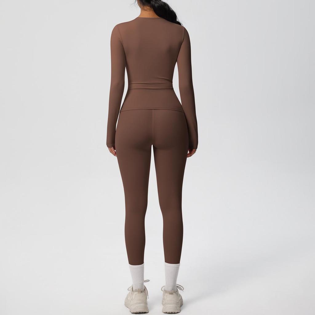 Dual-Sided Solid Color Long-Sleeve Yoga and Running Set - Two-Piece Fitness Outfit