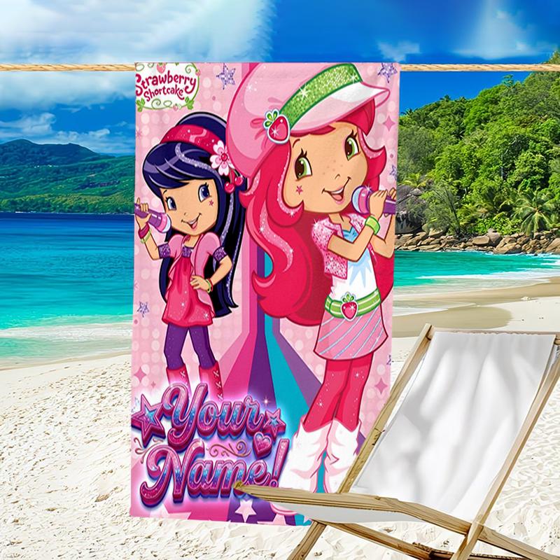 1pc Princess Strawberry Beach Towel with Custom Name, Beach and Seaside Swimming Pool Equipment, Fashion Pattern, Rectangular, Travel Essential