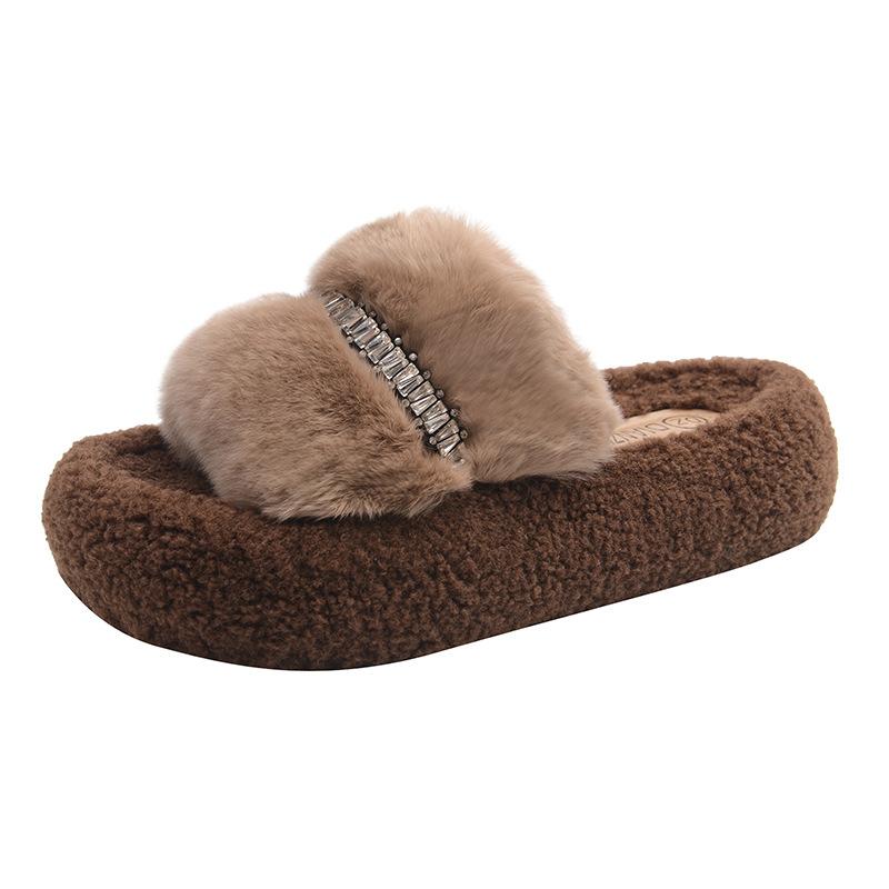 Rhinestone fluffy slippers women's fashion 2025 autumn and winter new versatile heightening plush cotton slippers