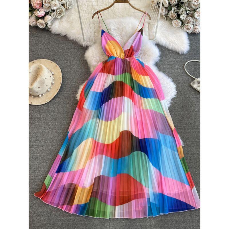 Color Print Open Back Retro Big Swing Mop Suspender Skirt