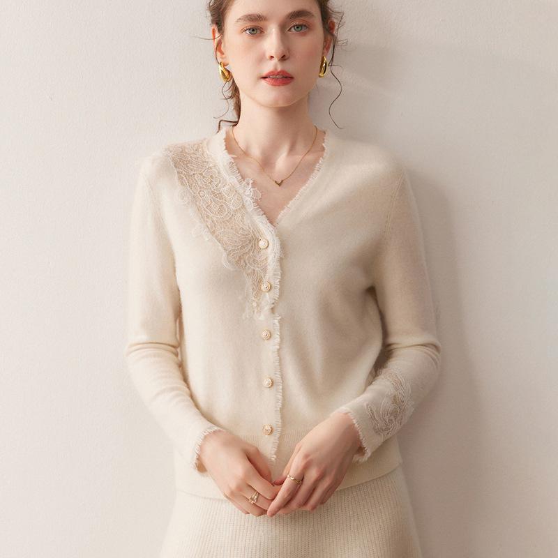 2025 A/W Women's V-neck Lace Cashmere Cardigan Sweater - Solid Color, Loose Fit
