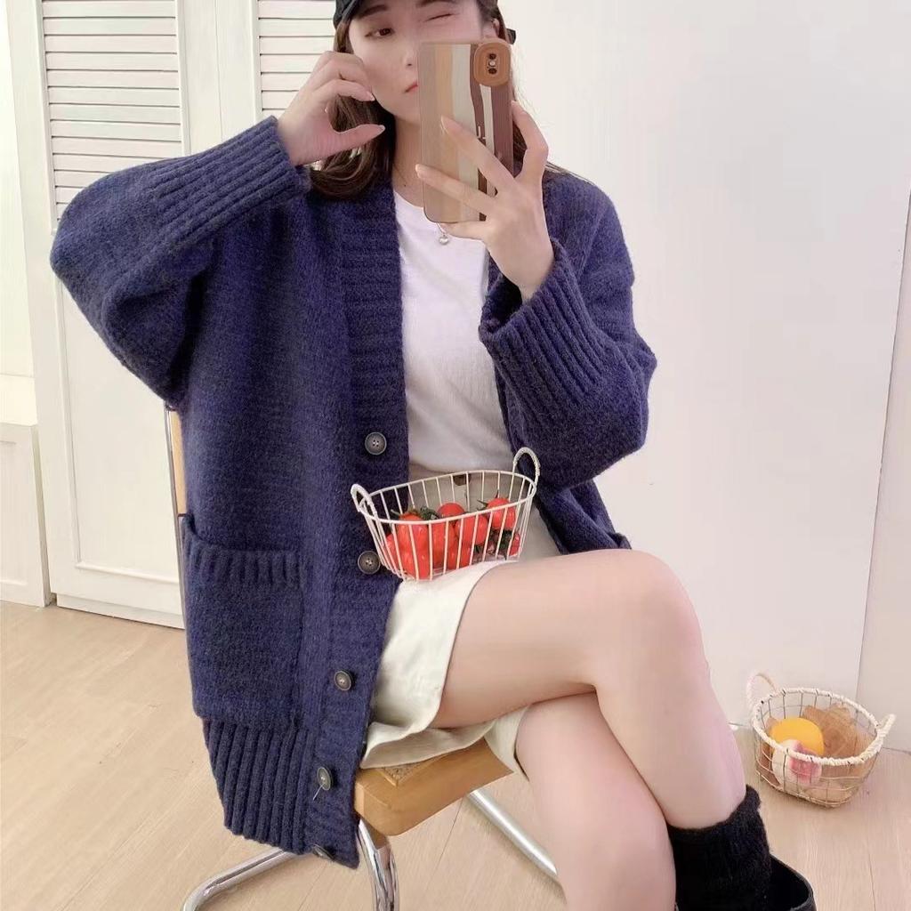 Korean version v-neck lazy wind knitted cardigan women's autumn and winter new high-end thickened solid color loose sweater jacket