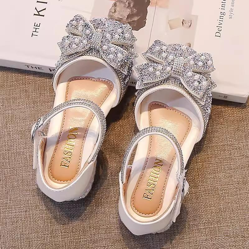 Korean girls' leather shoes summer dress foreign gas crystal shoes 2025 new children's baby sparkling rhinestones