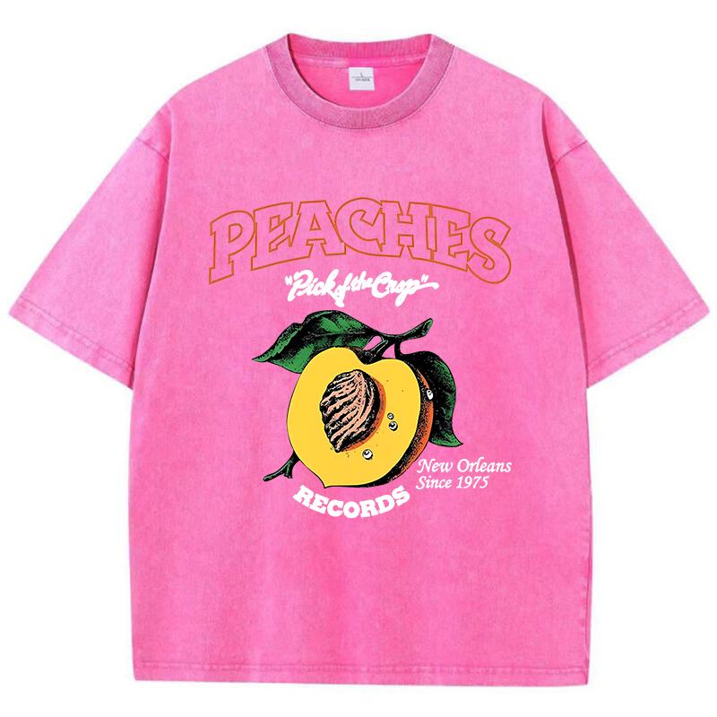 Casual Womens Acid Wash T-Shirts Peaches Records Printing Tees Distressed Oversize Cotton Short Sleeve Female Clothes