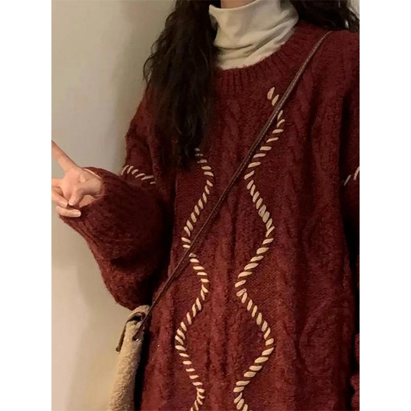 Women's Christmas Red Sweater Knitted Pullover Harajuku 90s Y2k Long Sleeves O-Neck Jumper Crop Tops Vintage 2000s Clothes 2024