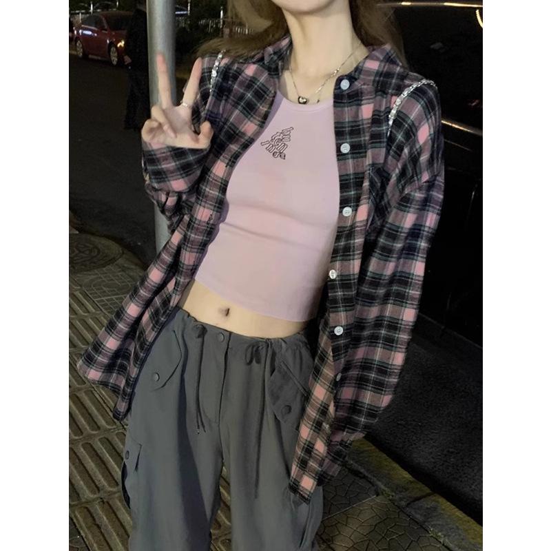 2024 Black & Pink Plaid Women's Shirt - Spring/Autumn Sunscreen Jacket, Korean-Style Niche Design