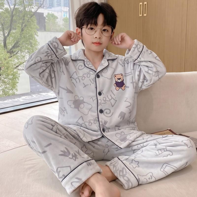 Boys Warm Fleece Pajama Set Long Sleeve Cartoon Print Sleepwear Kids 8 Years Home Wear Fall
