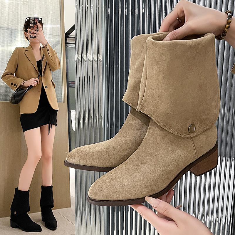 Fashion New Popular Retro Style Fold Button Women Knee-High Boots Fashion Pointed Toe Square Heels Casual Ladies Shoes Zapatos De Mujer