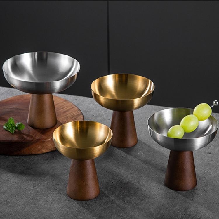 Wood Base And Stainless Steel Dessert Holder Elegant Serving Cup For Ice Cream Fruit Salad And Snacks