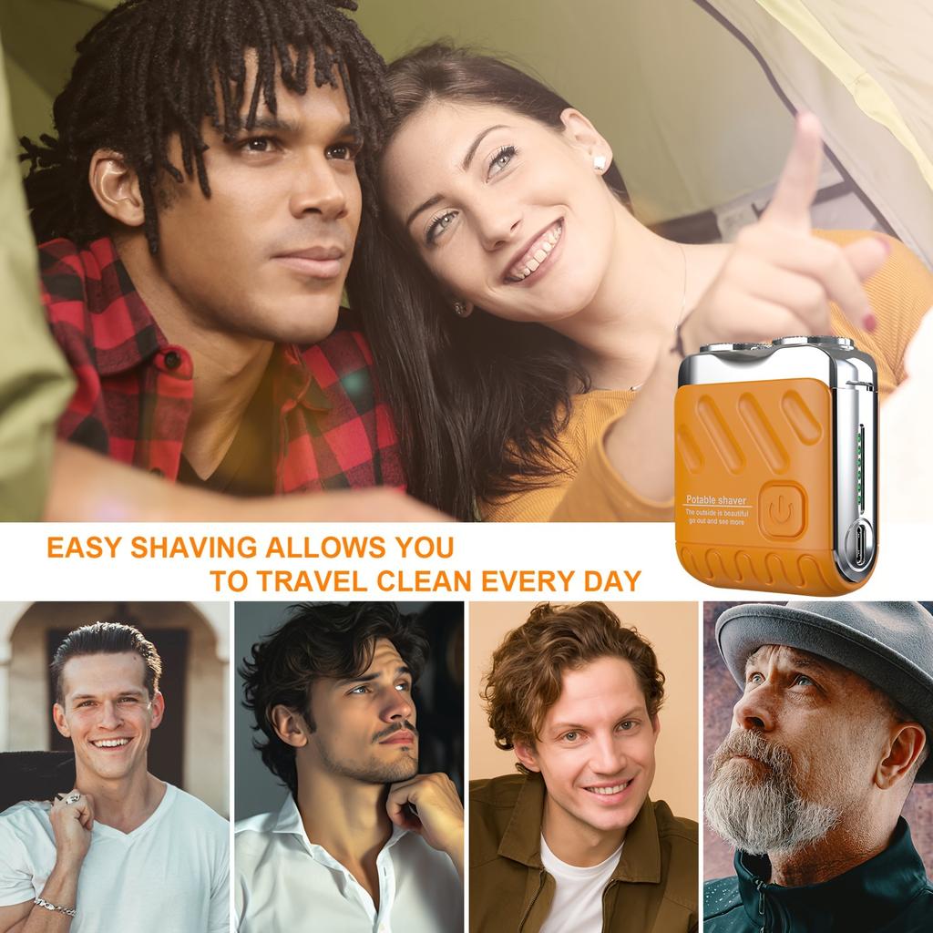 Men'S Electric Shaver with Dual Blades - Fast-Charging USB-C, Long-Lasting Lithium Battery, Compact & Portable Design - Orange/ Metallic Accents