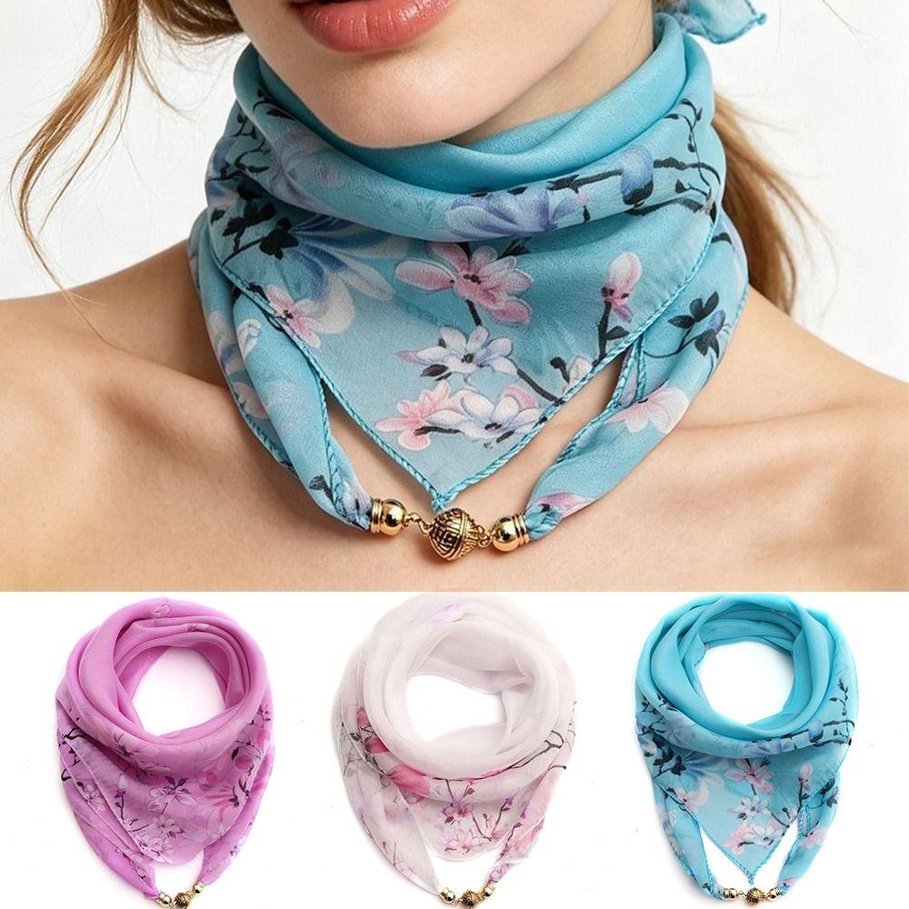 Elegant Luxury Floral Print Silk Scarf Magnetic Buckle Neck Covers Scarf Neck Decorative