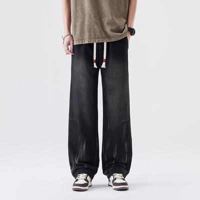 Spring American High Street Loose Straight Wide-leg Jeans Men's Floor Pants Elastic Waist