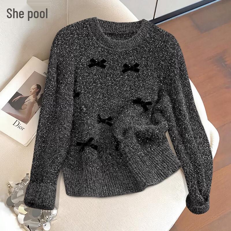 Женский вязаный свитер с блестящим бантом OS