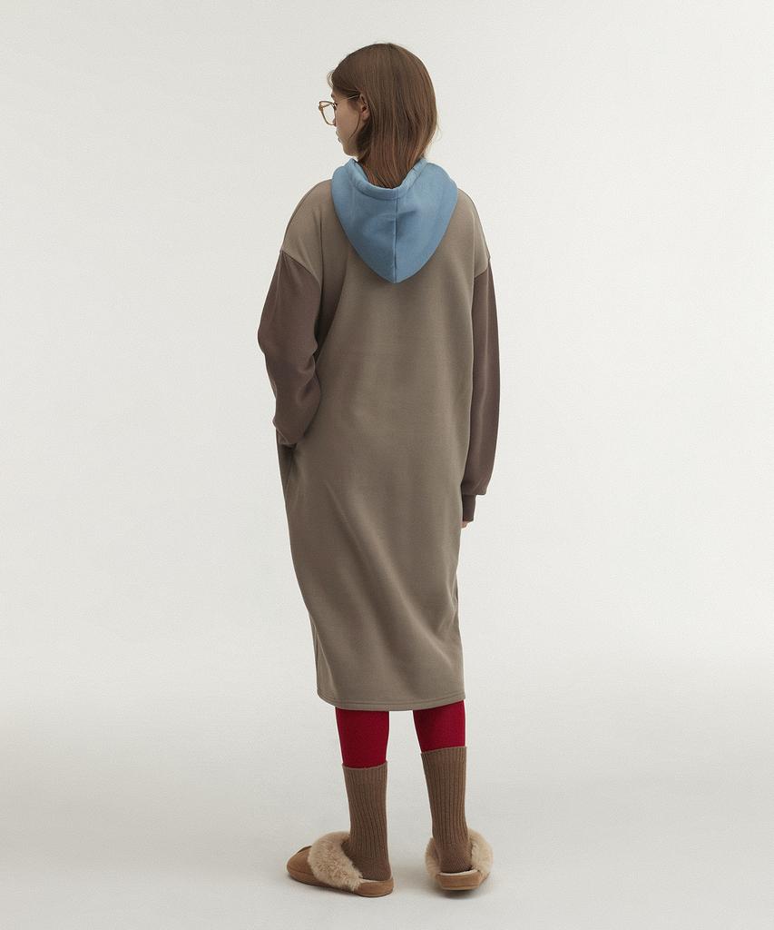 Between A And B Hooded Long Jersey Fleece-Lined Dress [Chocolate]
