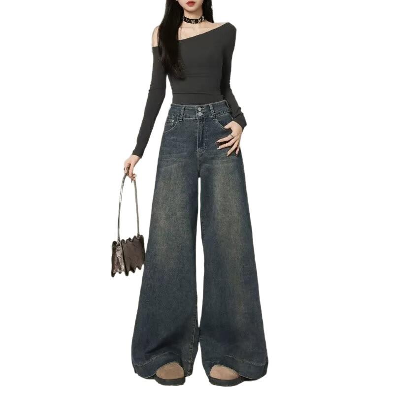 Retro nostalgic blue wide-leg jeans women's autumn high waist loose elastic and thin drape loose floor long pants