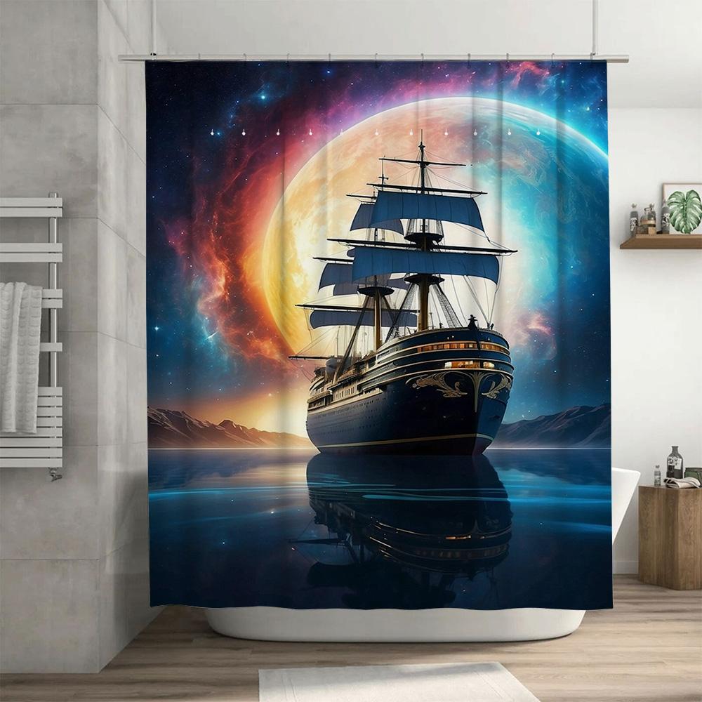 Stylish 3D Printed Shower Curtains featuring a Space Odyssey theme with vivid colors and high-quality fabric perfect for adding