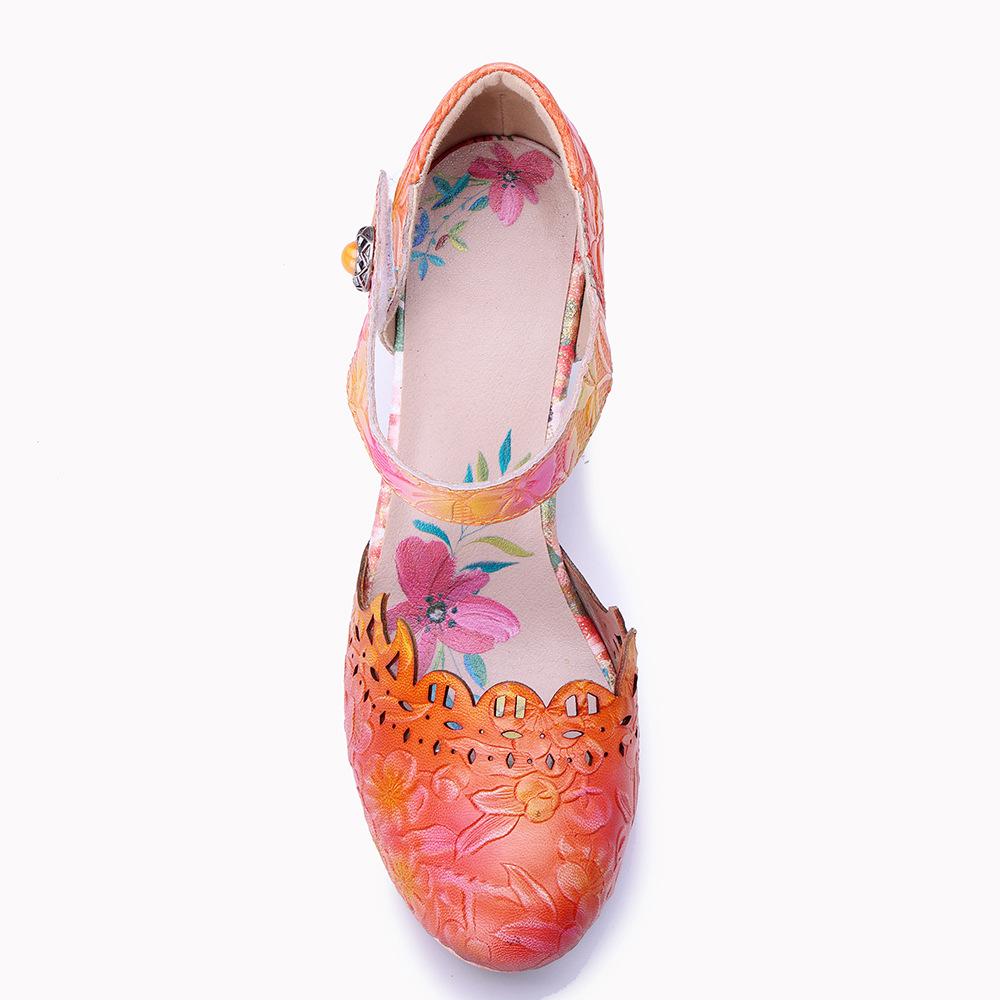 Johnature Genuine Leather Printed High Heels Sheepskin Handmade Retro Colored Women's Sandals