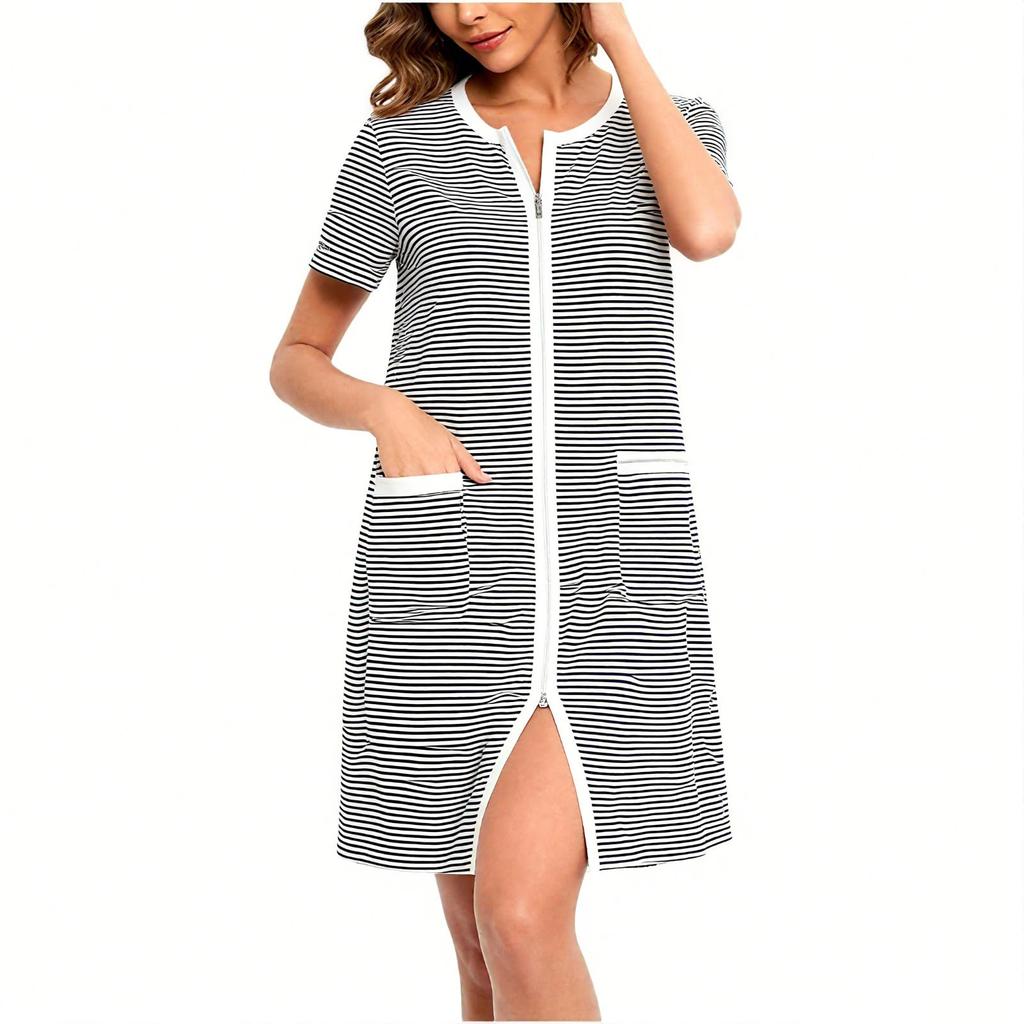 Abito casual da donna alla moda, vestibilità larga, con cerniera, manica corta, a righe, per il tempo libero