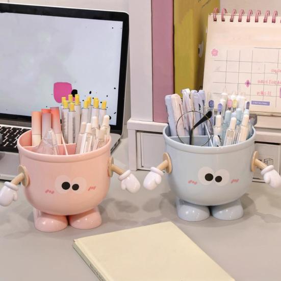 Pen Holder Cartoon Design Macaron Color Desk Organizer Large-capacity Partitioned Desk Caddy Home Office School Decor