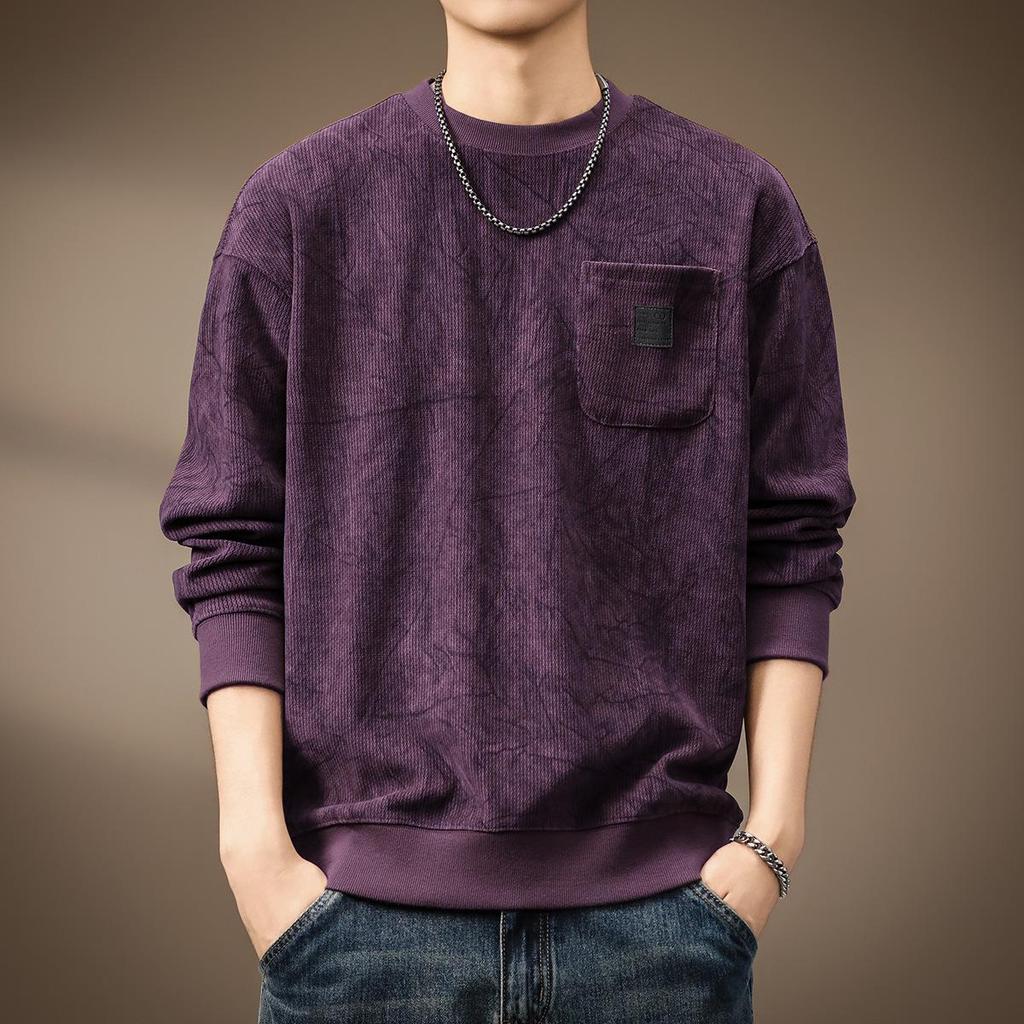 Men's Heavyweight Wool Hoodie - Spring/Autumn Round Neck, Loose Long Sleeve T-shirt, Printed Casual Base Layer