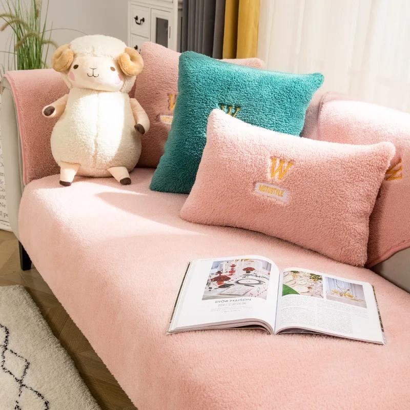 Lamb Plush Sofa Cushion Winter Warm Thickening Non-Slip Living Room Sofa Cover Cloth Universal Leather Sofa Recliner Cover