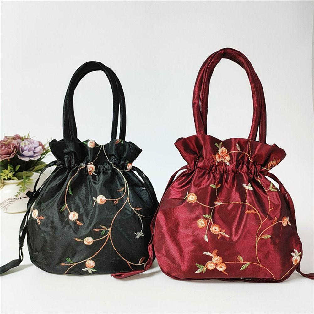 Retro Embroidery Silk Drawstring Handbags Women Purse Wallets Jewerly Packing Storage Bucket Bag Hanfu Accessories