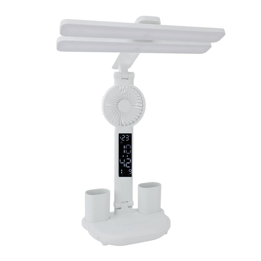 LED Desk Lamp with Fan Pen Holder Temperature Clock Date Stepless Dimming Lighting Adjustable