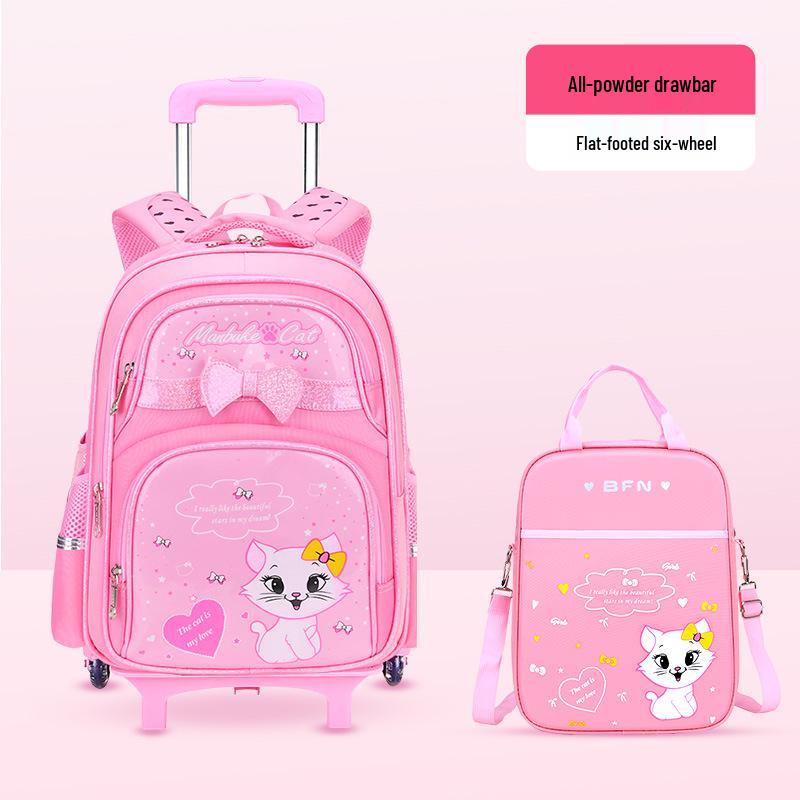 

6-колесный рюкзак-тележка для подъема по лестнице для девочек, 2-6 классы, возраст 7-12 лет, большая вместимость, водонепроницаемый, снижающий нагрузку