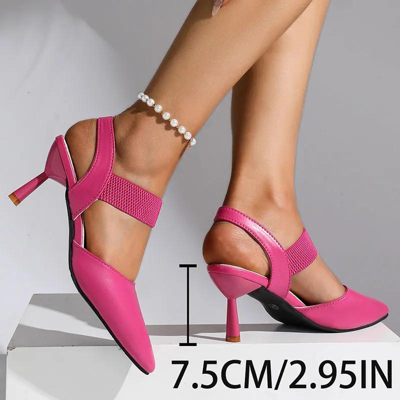 Fashion Elegant Rose Red High Heel Sandals for Women Pu Leather Thin Heels Dress Party Shoes Plus Size Elastic Band Pointed Toe Sandals